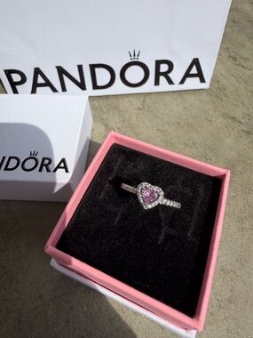 Pandora Silver Ring with Pink Heart Center and Halo